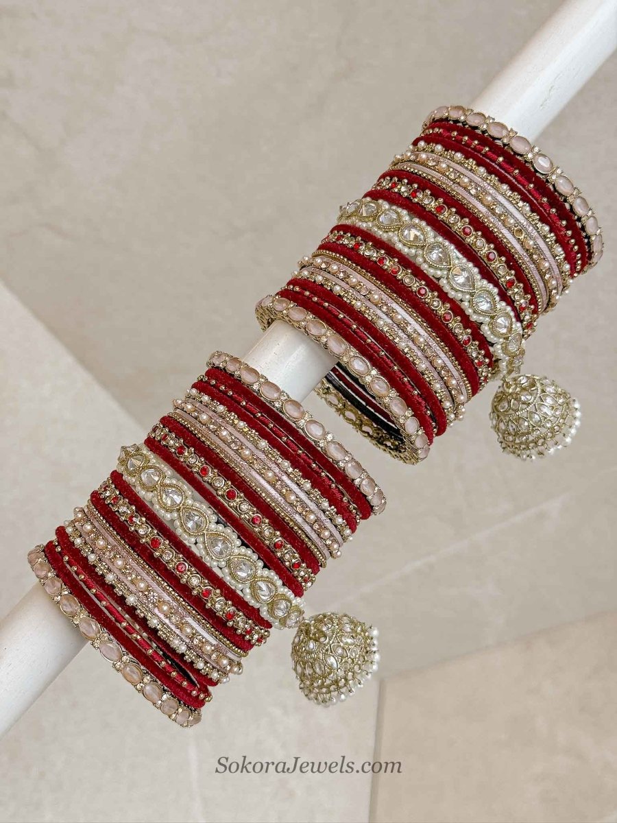 Bridal Bangle Set - Maroon & Pink with Jhumka - SOKORA JEWELSBridal Bangle Set - Maroon & Pink with JhumkaBANGLES