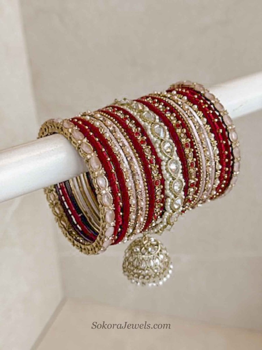 Bridal Bangle Set - Maroon & Pink with Jhumka - SOKORA JEWELSBridal Bangle Set - Maroon & Pink with JhumkaBANGLES