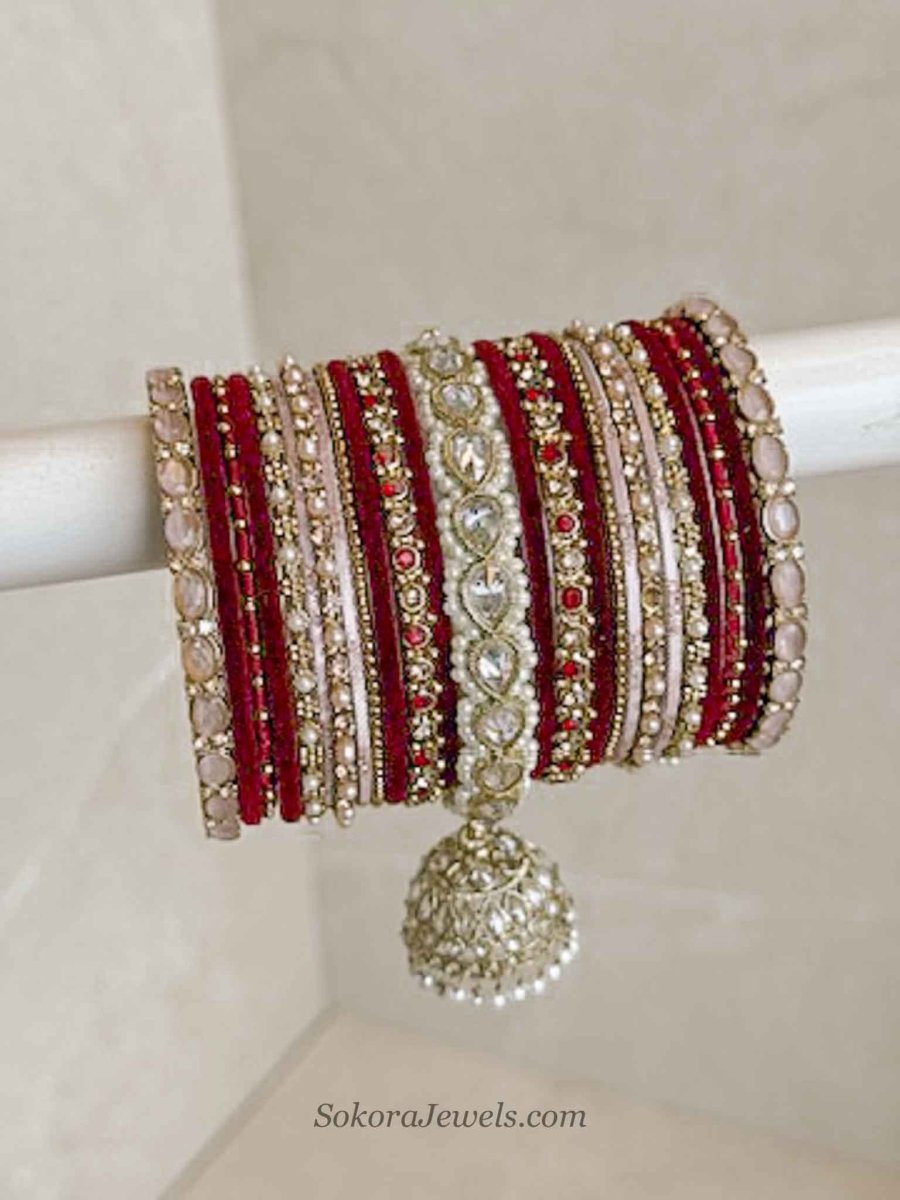 Bridal Bangle Set - Maroon & Pink with Jhumka - SOKORA JEWELSBridal Bangle Set - Maroon & Pink with JhumkaBANGLES