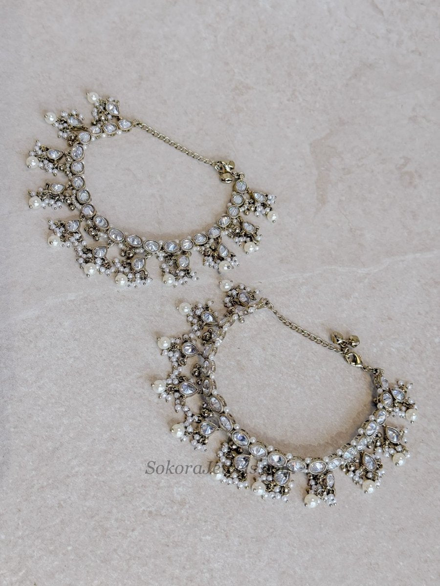 Bridal Clear Crystal Drop & Antique Gold Anklets - SOKORA JEWELSBridal Clear Crystal Drop & Antique Gold Anklets