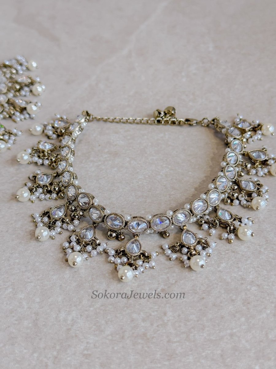 Bridal Clear Crystal Drop & Antique Gold Anklets - SOKORA JEWELSBridal Clear Crystal Drop & Antique Gold Anklets