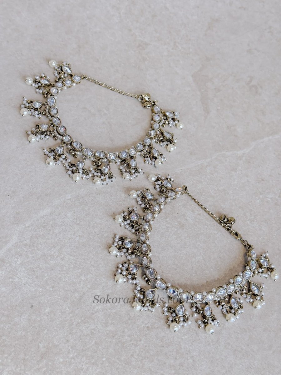 Bridal Clear Crystal Drop & Antique Gold Anklets - SOKORA JEWELSBridal Clear Crystal Drop & Antique Gold Anklets
