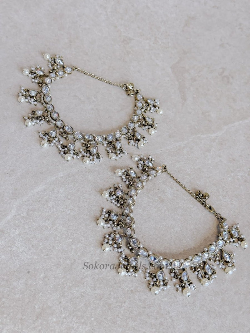 Bridal Clear Crystal Drop & Antique Gold Anklets - SOKORA JEWELSBridal Clear Crystal Drop & Antique Gold Anklets