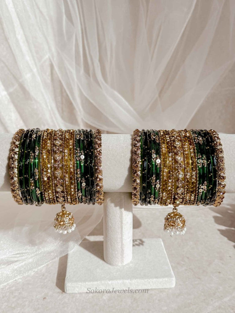 Bridal Green Glass Bangles Set - 2.6 - SOKORA JEWELSBridal Green Glass Bangles Set - 2.6BANGLES
