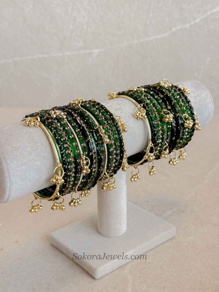 Bridal Kashmiri Green Glass Bangles Set - 2.6 - SOKORA JEWELSBridal Kashmiri Green Glass Bangles Set - 2.6BANGLES