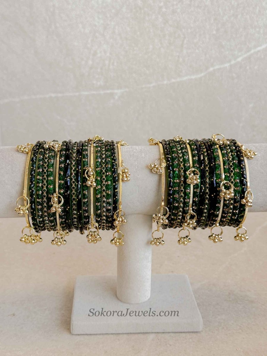 Bridal Kashmiri Green Glass Bangles Set - 2.6 - SOKORA JEWELSBridal Kashmiri Green Glass Bangles Set - 2.6BANGLES