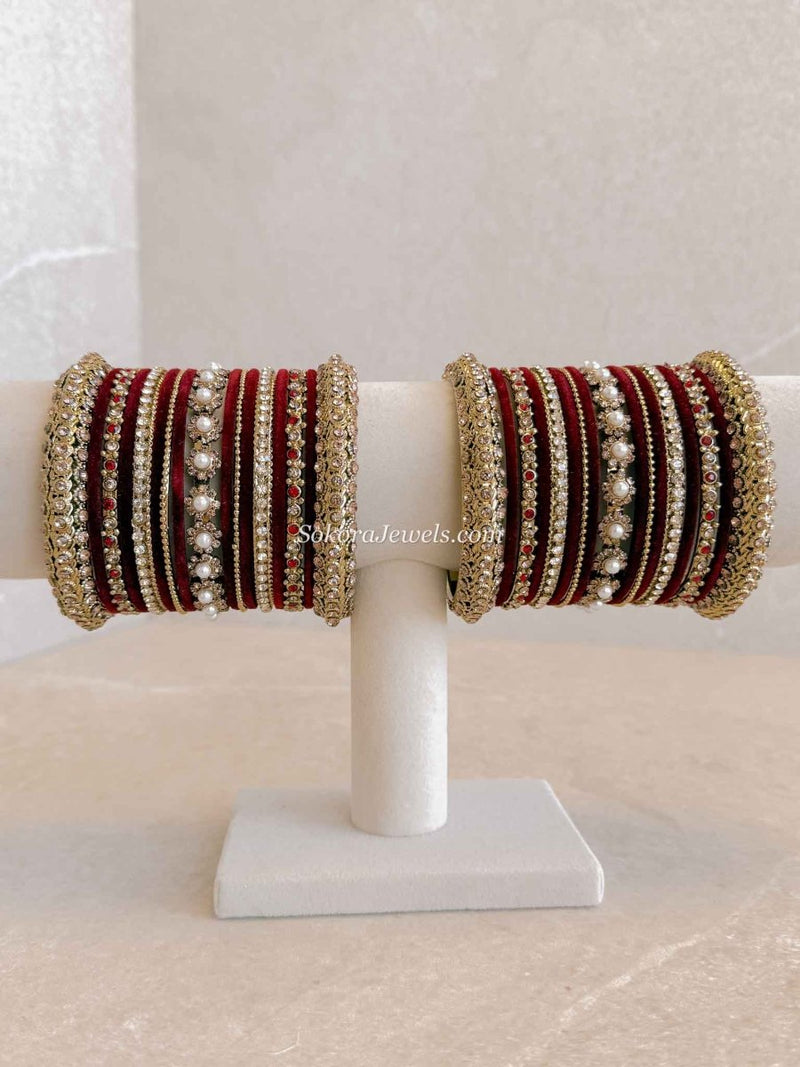 Bridal Maroon Velvet Bangle set - SOKORA JEWELSBridal Maroon Velvet Bangle setBANGLES