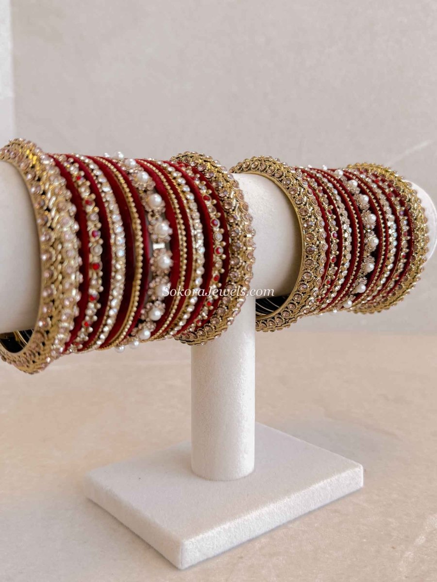 Bridal Maroon Velvet Bangle set - SOKORA JEWELSBridal Maroon Velvet Bangle setBANGLES