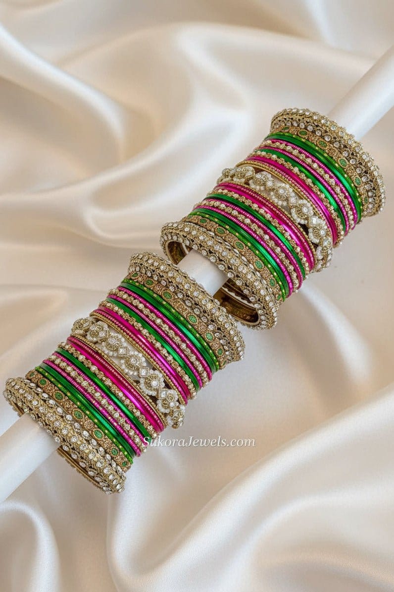 Bridal Multicolour Bangle Set – Pink, Green & Antique Gold - SOKORA JEWELSBridal Multicolour Bangle Set – Pink, Green & Antique GoldBANGLES