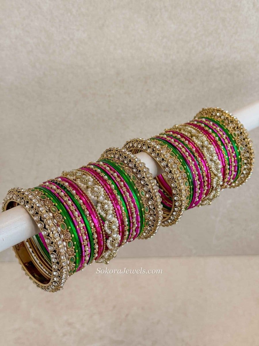 Bridal Multicolour Bangle Set – Pink, Green & Antique Gold - SOKORA JEWELSBridal Multicolour Bangle Set – Pink, Green & Antique GoldBANGLES