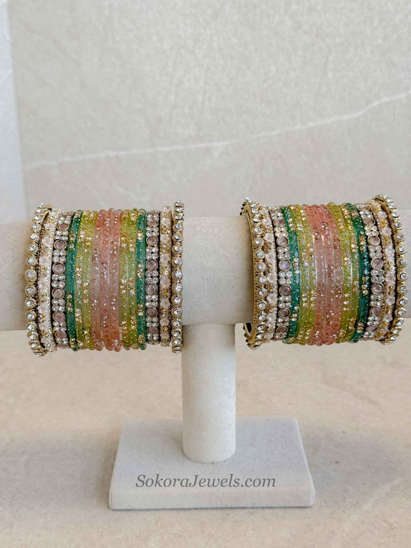 Bridal Pink, Blue & Mint Glass Bangles Set - 2.4 - SOKORA JEWELSBridal Pink, Blue & Mint Glass Bangles Set - 2.4BANGLES