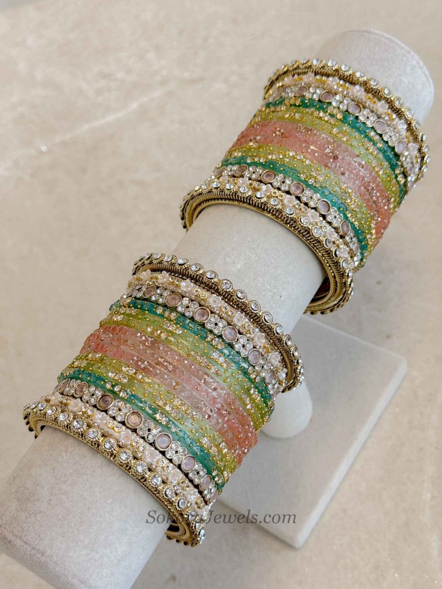 Bridal Pink, Blue & Mint Glass Bangles Set - 2.4 - SOKORA JEWELSBridal Pink, Blue & Mint Glass Bangles Set - 2.4BANGLES