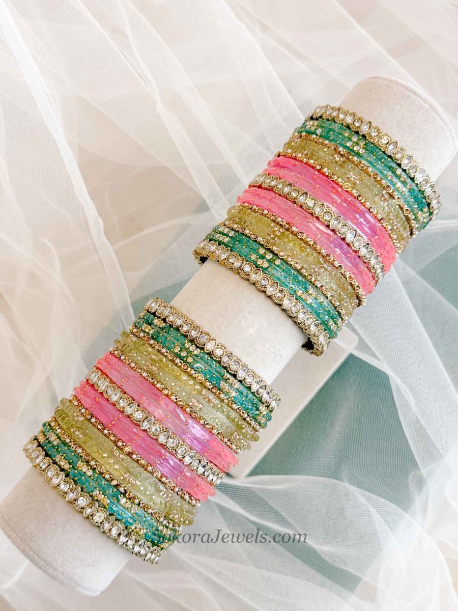 Bridal Pink, Blue & Mint Glass Bangles Set - 2.6 - SOKORA JEWELSBridal Pink, Blue & Mint Glass Bangles Set - 2.6BANGLES