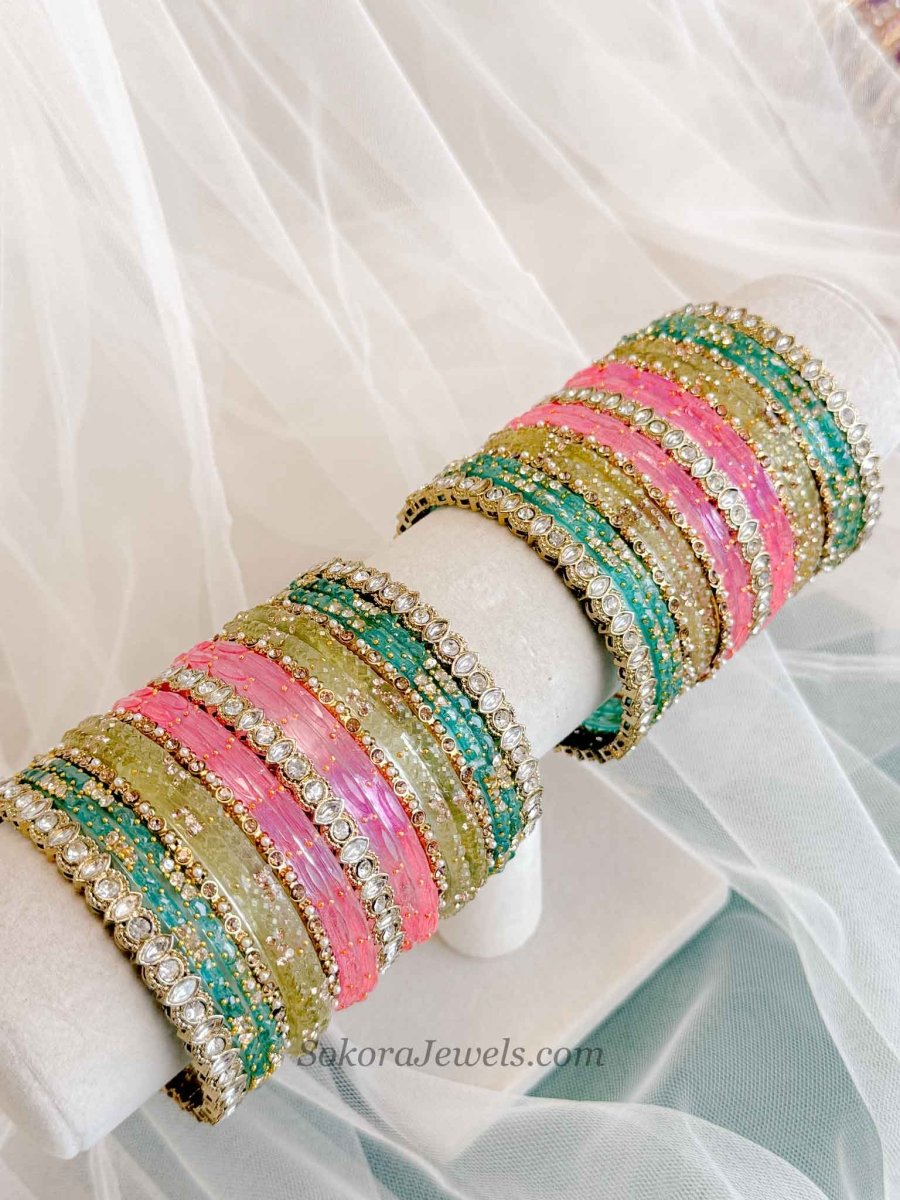 Bridal Pink, Blue & Mint Glass Bangles Set - 2.6 - SOKORA JEWELSBridal Pink, Blue & Mint Glass Bangles Set - 2.6BANGLES