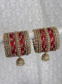 Bridal Red Glass Bangle Set with Jhumkas - SOKORA JEWELSBridal Red Glass Bangle Set with JhumkasBANGLES