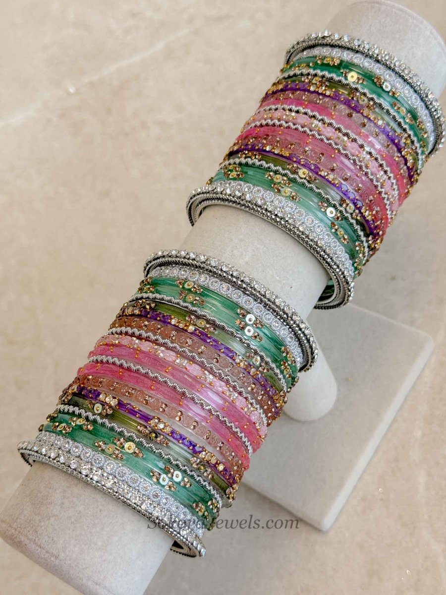 Bridal Silver Glass Bangles Set - 2.4 - SOKORA JEWELSBridal Silver Glass Bangles Set - 2.4BANGLES