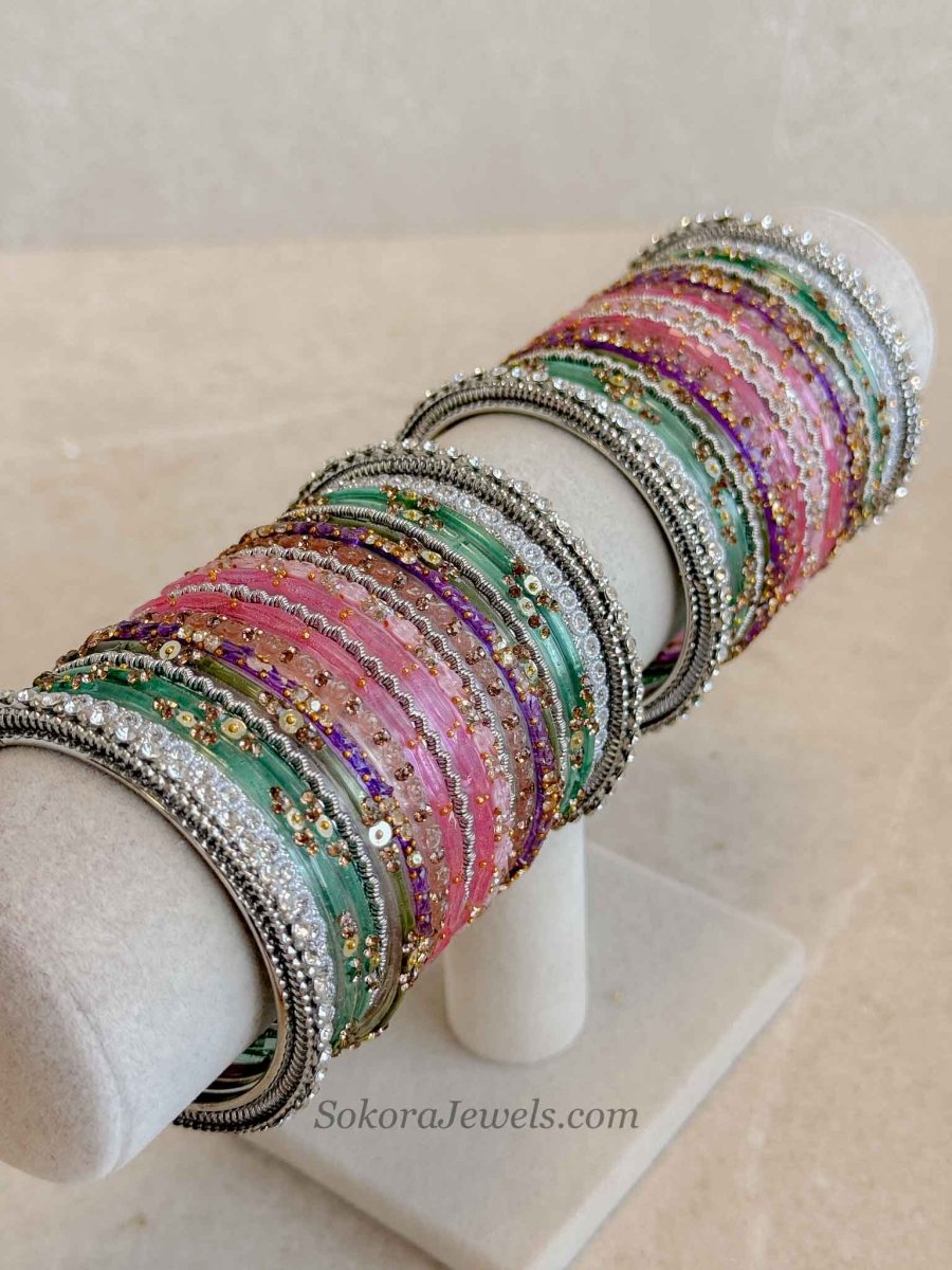 Bridal Silver Glass Bangles Set - 2.4 - SOKORA JEWELSBridal Silver Glass Bangles Set - 2.4BANGLES