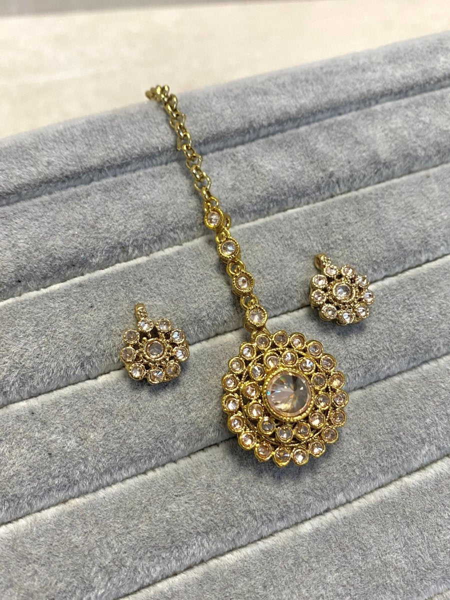Bright Gold Earrings and Tikka Set - SOKORA JEWELSBright Gold Earrings and Tikka Set