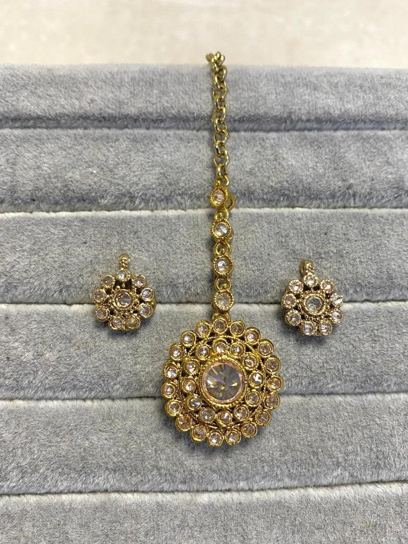 Bright Gold Earrings and Tikka Set - SOKORA JEWELSBright Gold Earrings and Tikka Set