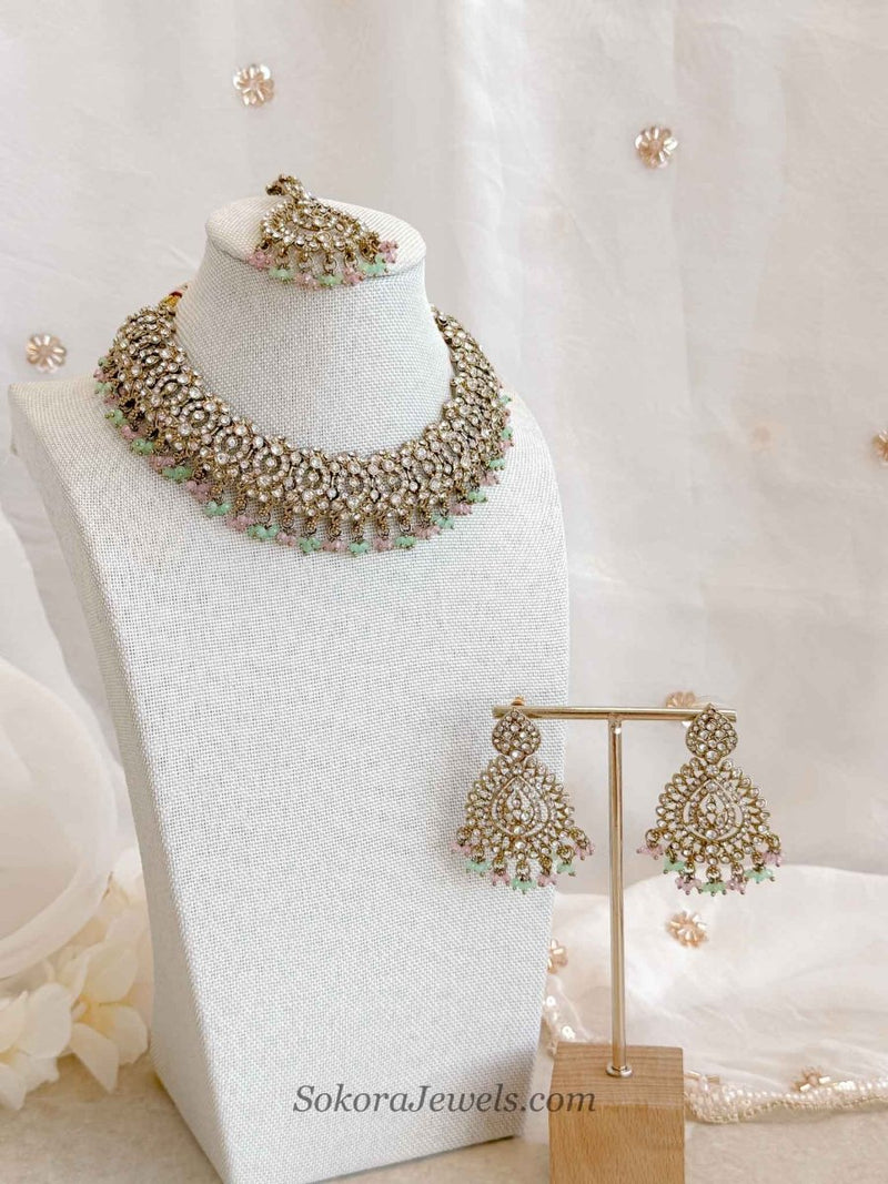 Casey Pastel Bead &Antique Gold Necklace set - SOKORA JEWELSCasey Pastel Bead &Antique Gold Necklace set