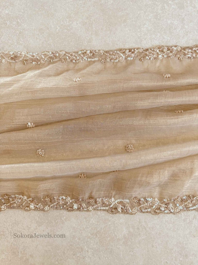 Champagne Crinkle Organza Occasion Dupatta - SOKORA JEWELSChampagne Crinkle Organza Occasion Dupatta