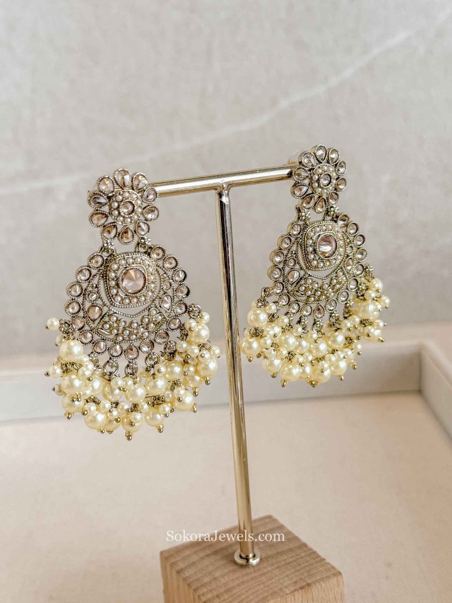 Champagne Crystal & Pearl Beaded Earrings - SOKORA JEWELSChampagne Crystal & Pearl Beaded Earrings