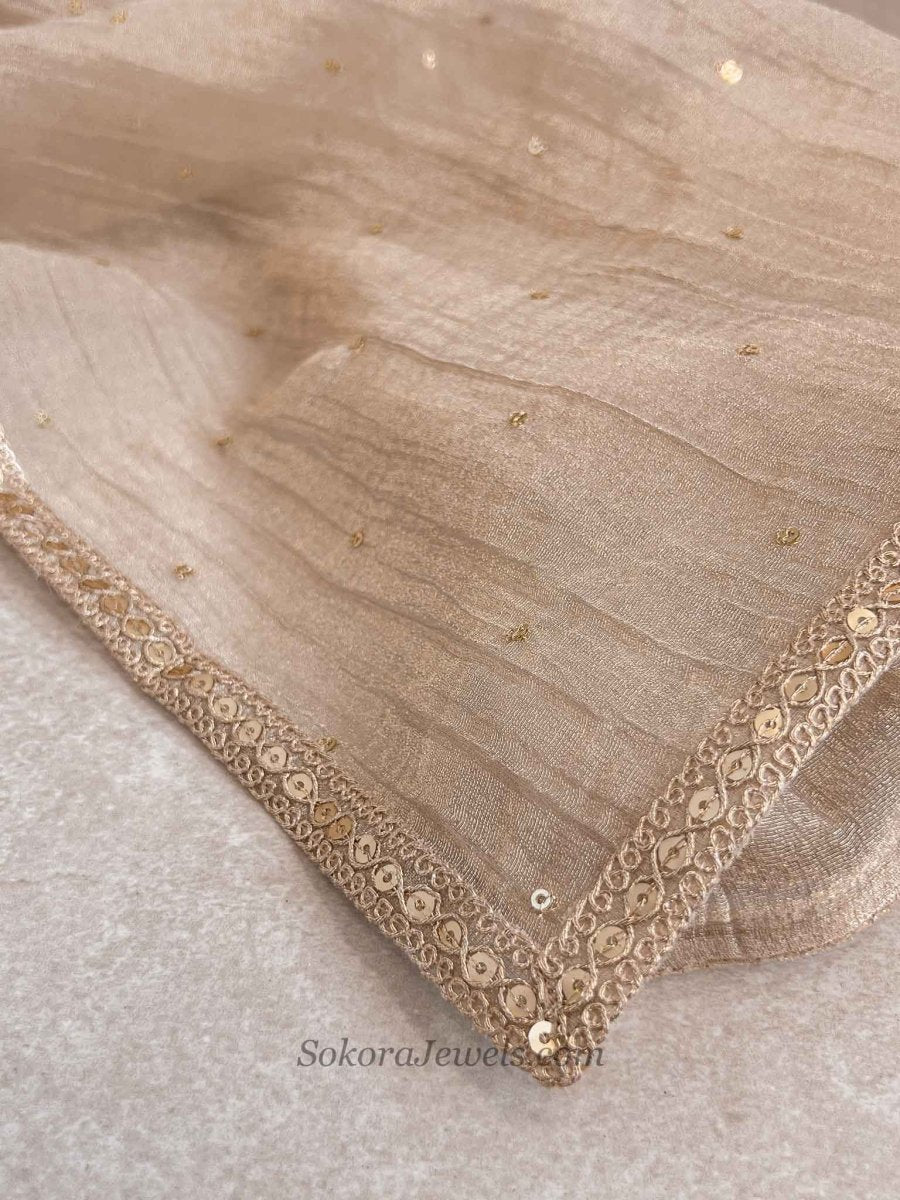 Champagne Gold Sequin Border Occasion Dupatta - SOKORA JEWELSChampagne Gold Sequin Border Occasion Dupatta
