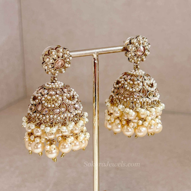 Champagne Pearl Jhumka Earrings - SOKORA JEWELSChampagne Pearl Jhumka Earrings
