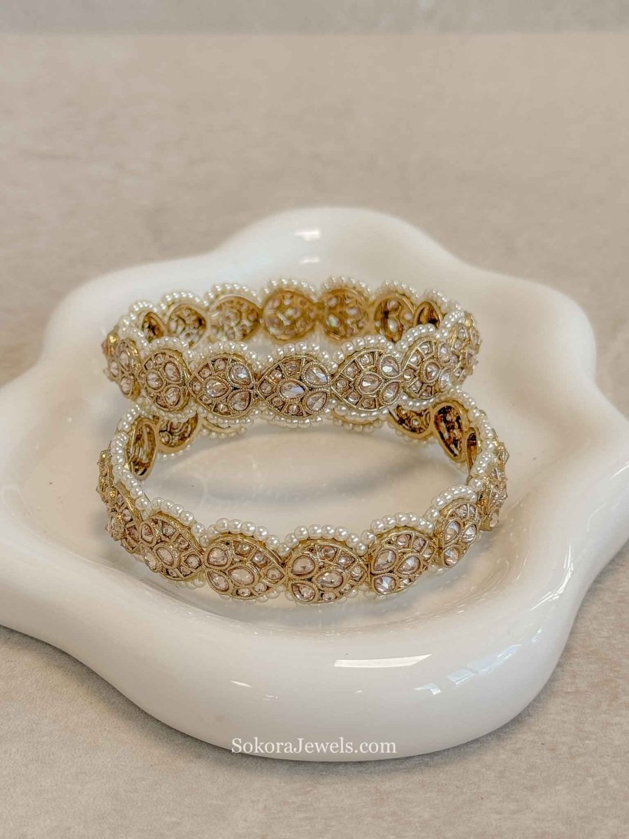 Champagne Zircon & Pearl Antique Gold Bangles - SOKORA JEWELSChampagne Zircon & Pearl Antique Gold BanglesBANGLES