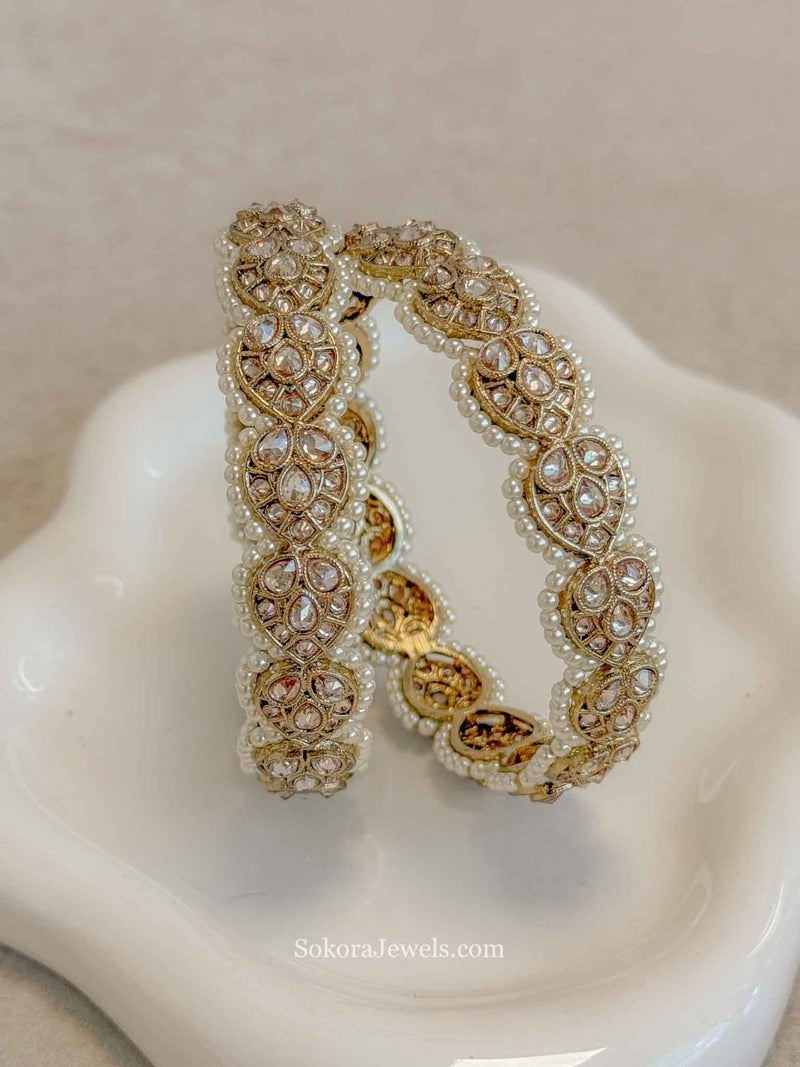 Champagne Zircon & Pearl Antique Gold Bangles - SOKORA JEWELSChampagne Zircon & Pearl Antique Gold BanglesBANGLES