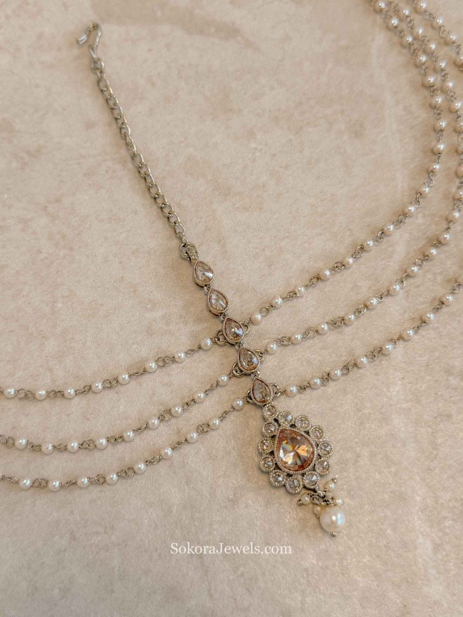 Champagne Zircon & Pearl Bridal Mathapatti - SOKORA JEWELSChampagne Zircon & Pearl Bridal Mathapatti