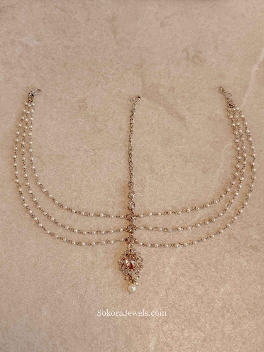 Champagne Zircon & Pearl Bridal Mathapatti - SOKORA JEWELSChampagne Zircon & Pearl Bridal Mathapatti
