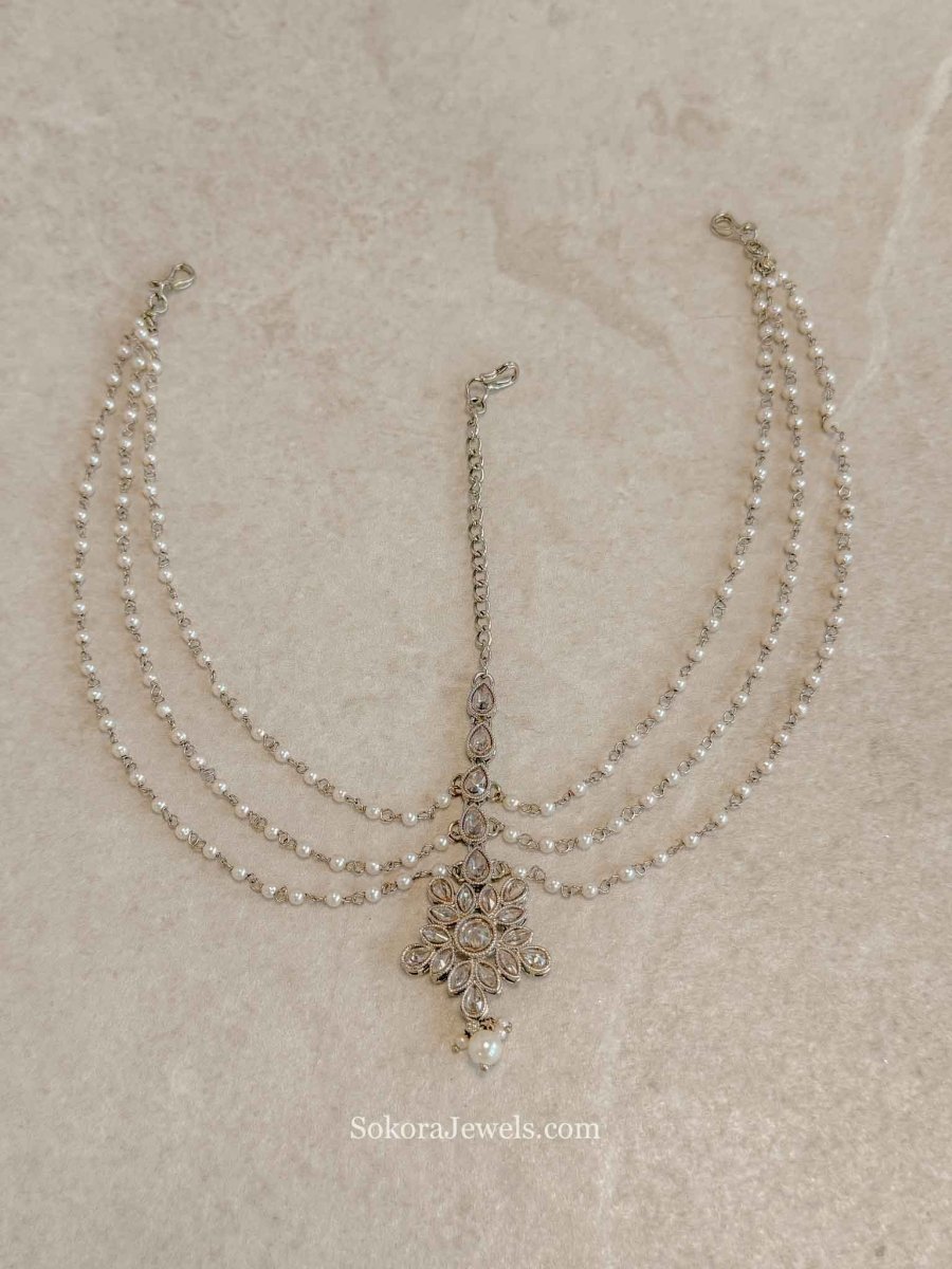 Champagne Zircon & Pearl Bridal Mathapatti - SOKORA JEWELSChampagne Zircon & Pearl Bridal Mathapatti