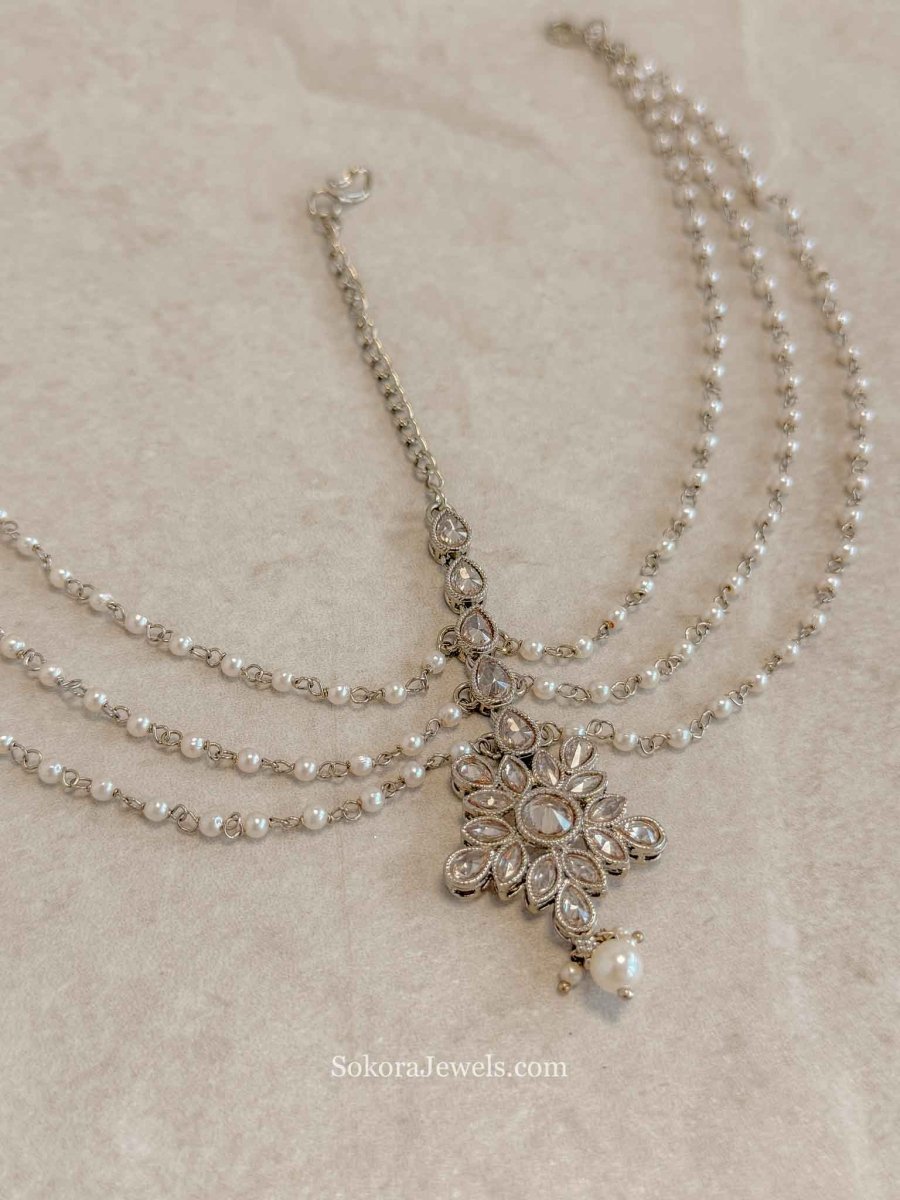 Champagne Zircon & Pearl Bridal Mathapatti - SOKORA JEWELSChampagne Zircon & Pearl Bridal Mathapatti