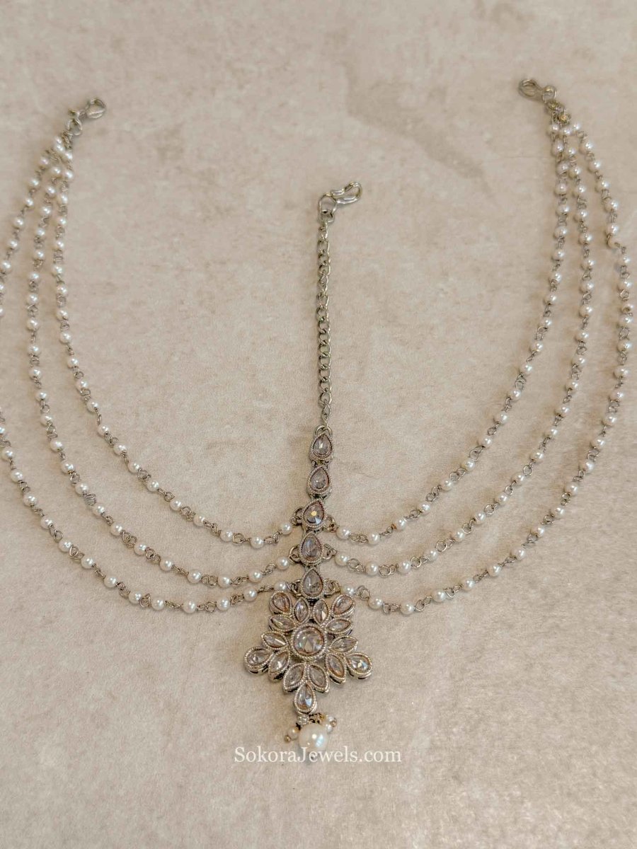 Champagne Zircon & Pearl Bridal Mathapatti - SOKORA JEWELSChampagne Zircon & Pearl Bridal Mathapatti