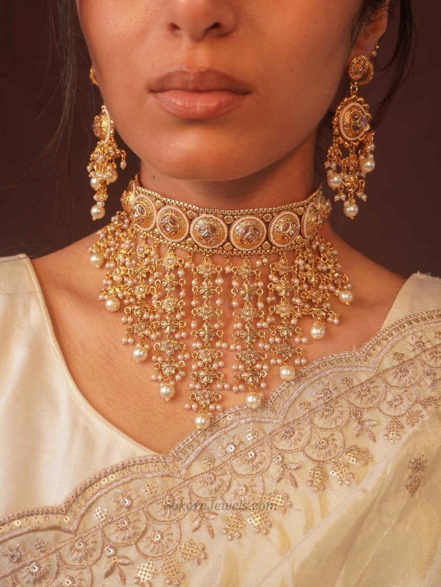 Champagne Zircon Tasselled Bridal Choker Set - SOKORA JEWELSChampagne Zircon Tasselled Bridal Choker SetNECKLACE SETS