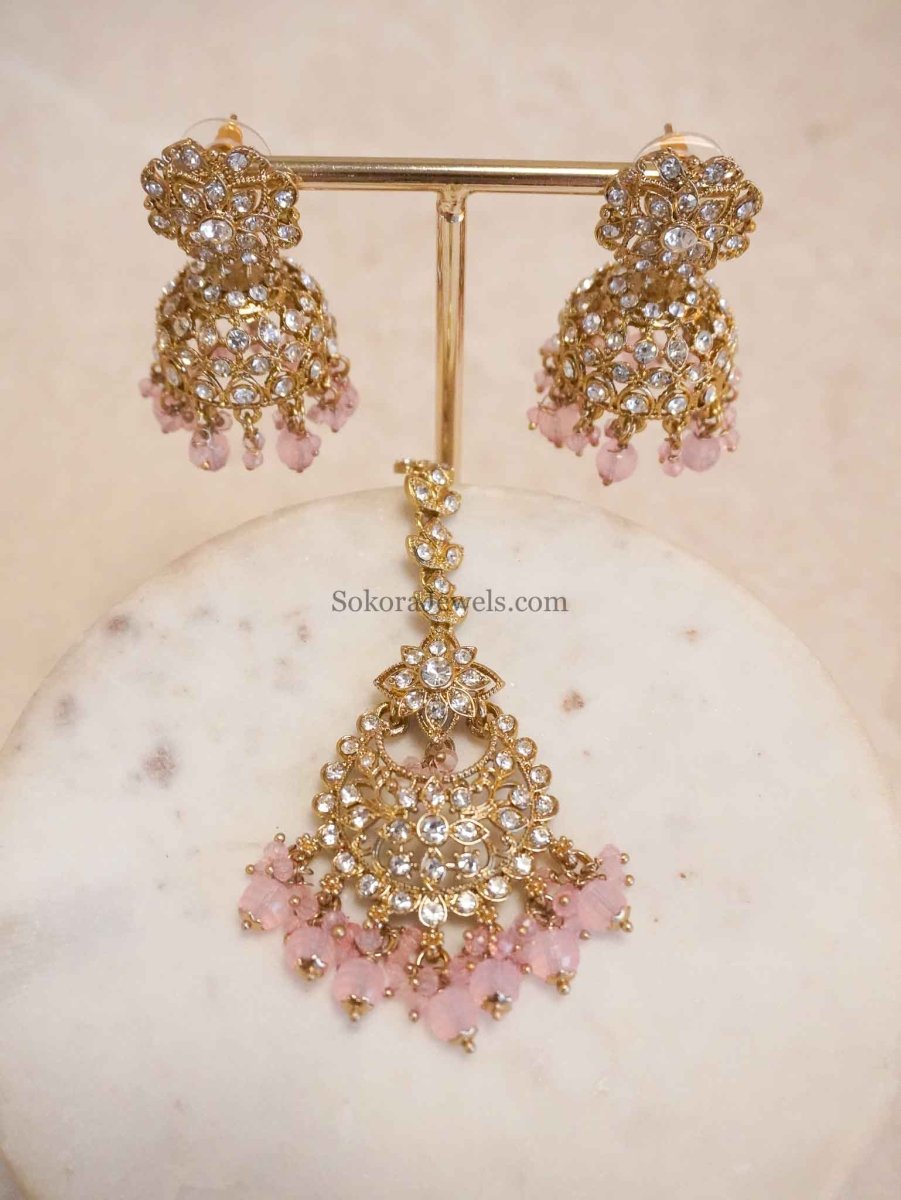 Clear Crystal Jhumka Earrings & Tikka sets - SOKORA JEWELSClear Crystal Jhumka Earrings & Tikka sets