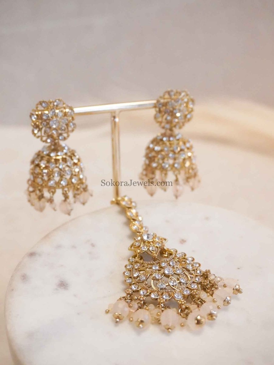 Clear Crystal Jhumka Earrings & Tikka sets - SOKORA JEWELSClear Crystal Jhumka Earrings & Tikka sets