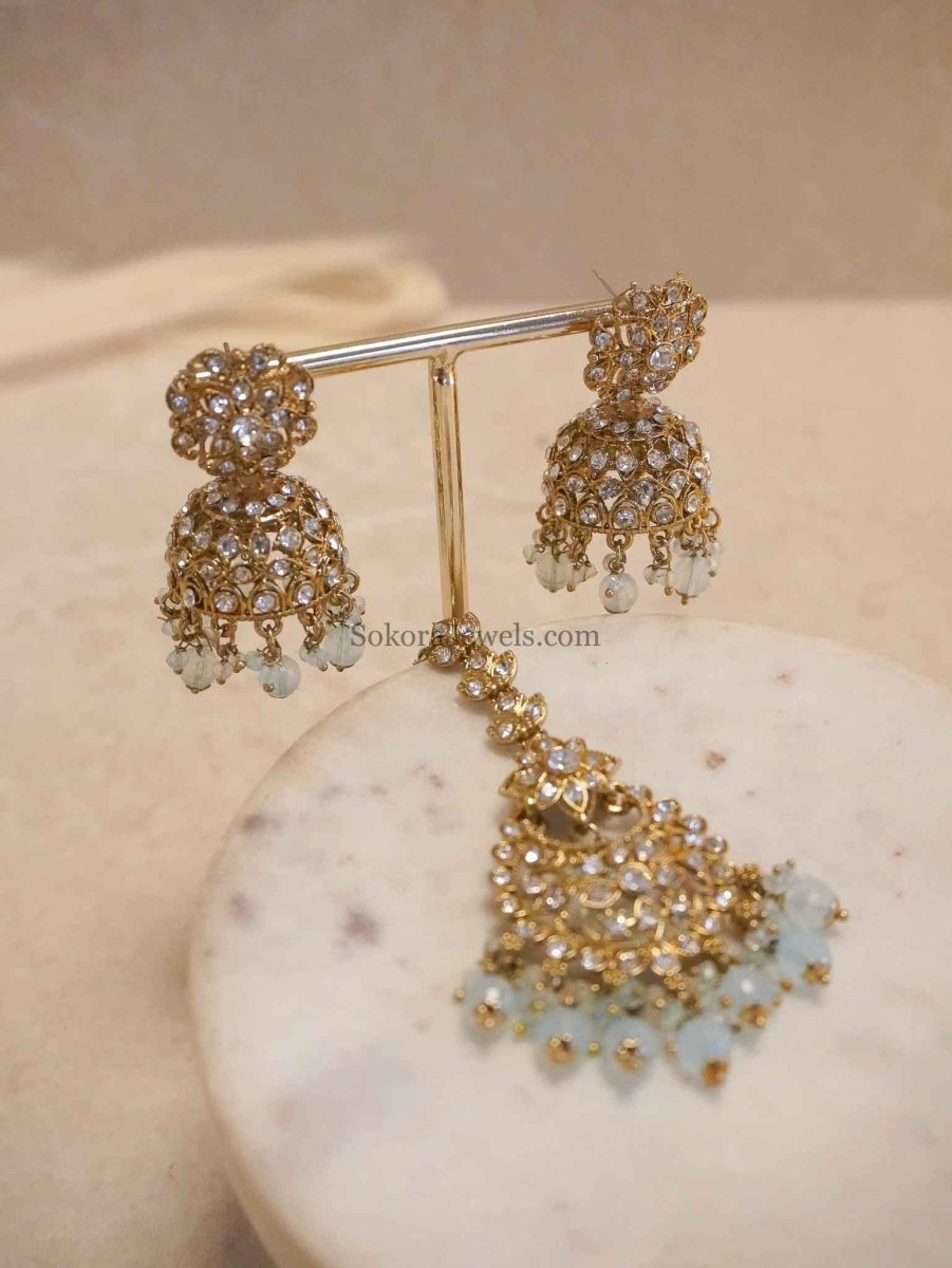 Clear Crystal Jhumka Earrings & Tikka sets - SOKORA JEWELSClear Crystal Jhumka Earrings & Tikka sets