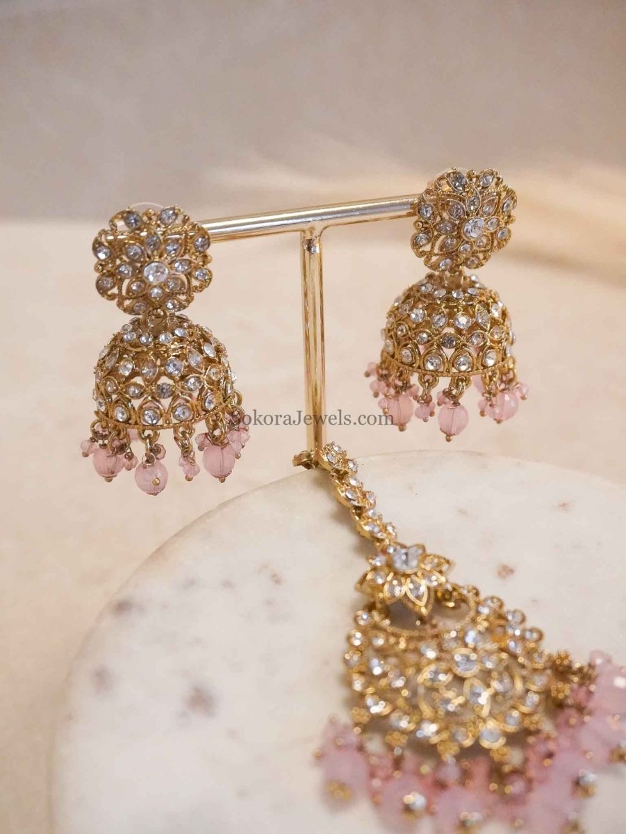 Clear Crystal Jhumka Earrings & Tikka sets - SOKORA JEWELSClear Crystal Jhumka Earrings & Tikka sets