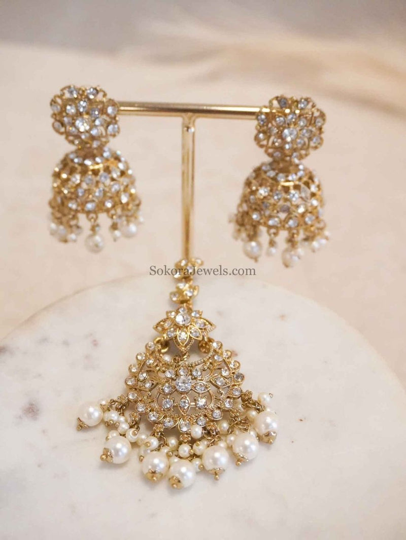 Clear Crystal Jhumka Earrings & Tikka sets - SOKORA JEWELSClear Crystal Jhumka Earrings & Tikka sets