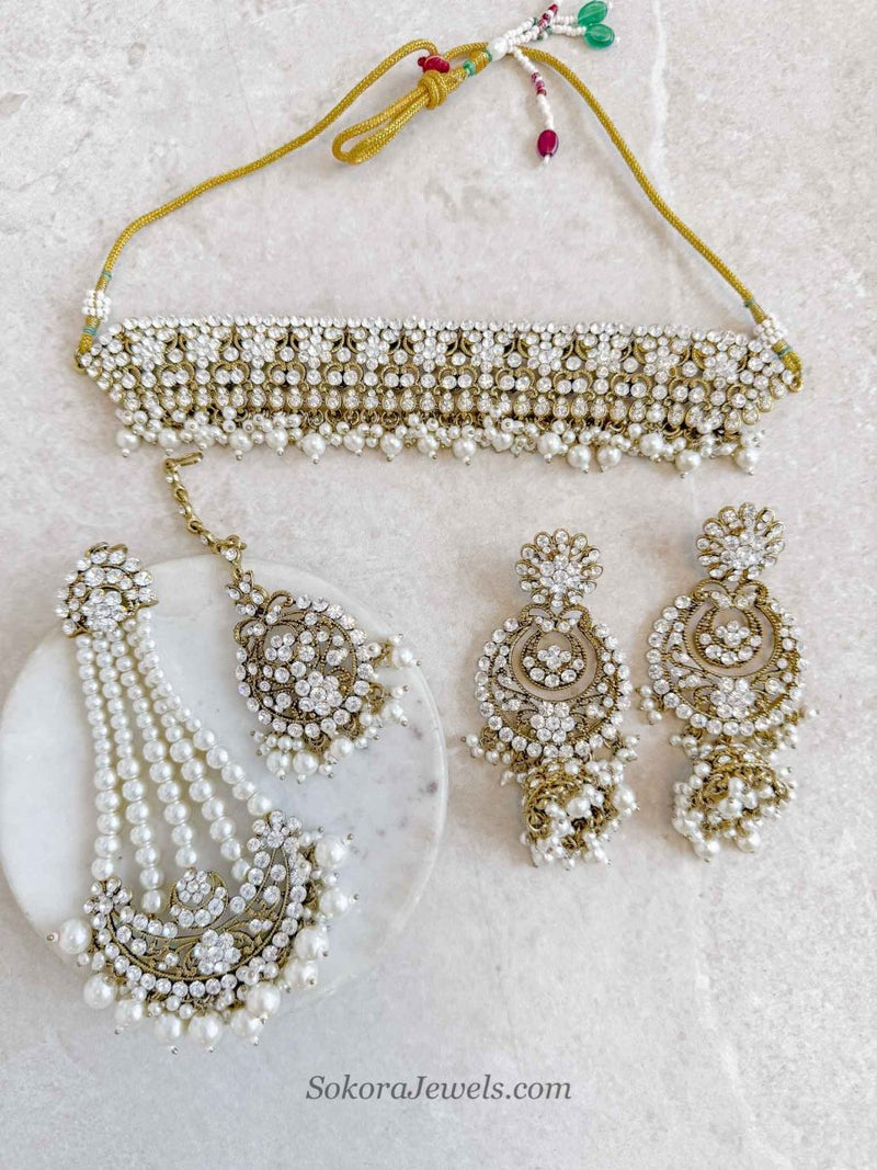 Clear Crystal & Pearl Bridal Choker Set - SOKORA JEWELSClear Crystal & Pearl Bridal Choker Set