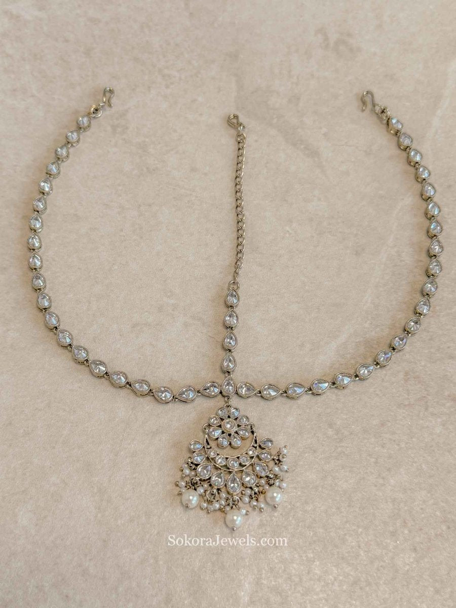 Clear Crystal & Pearl Bridal Mathapatti - SOKORA JEWELSClear Crystal & Pearl Bridal Mathapatti