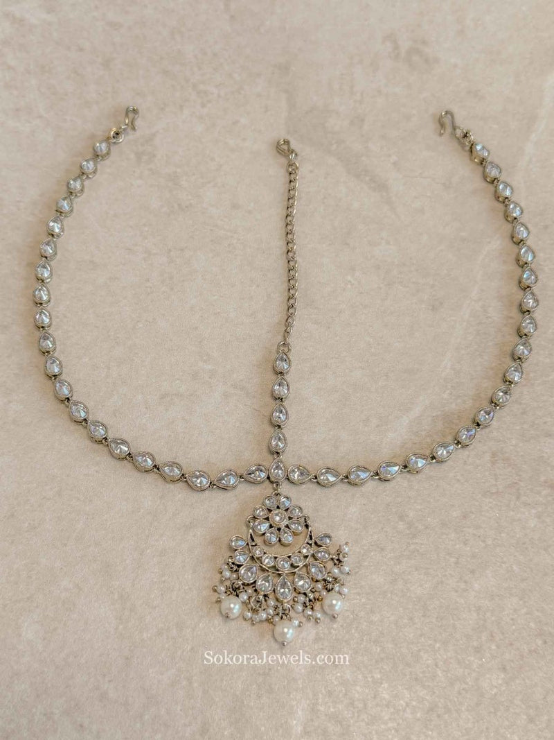 Clear Crystal & Pearl Bridal Mathapatti - SOKORA JEWELSClear Crystal & Pearl Bridal Mathapatti