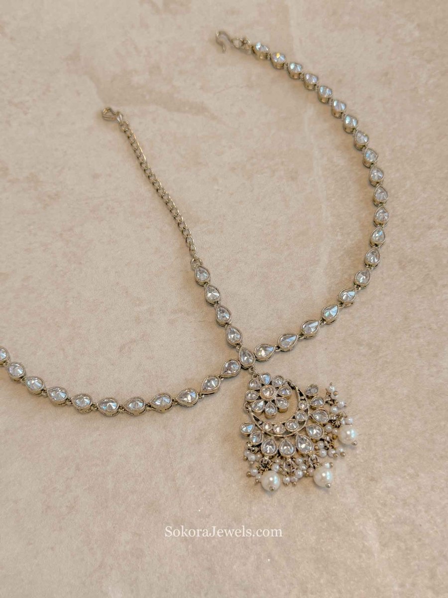 Clear Crystal & Pearl Bridal Mathapatti - SOKORA JEWELSClear Crystal & Pearl Bridal Mathapatti