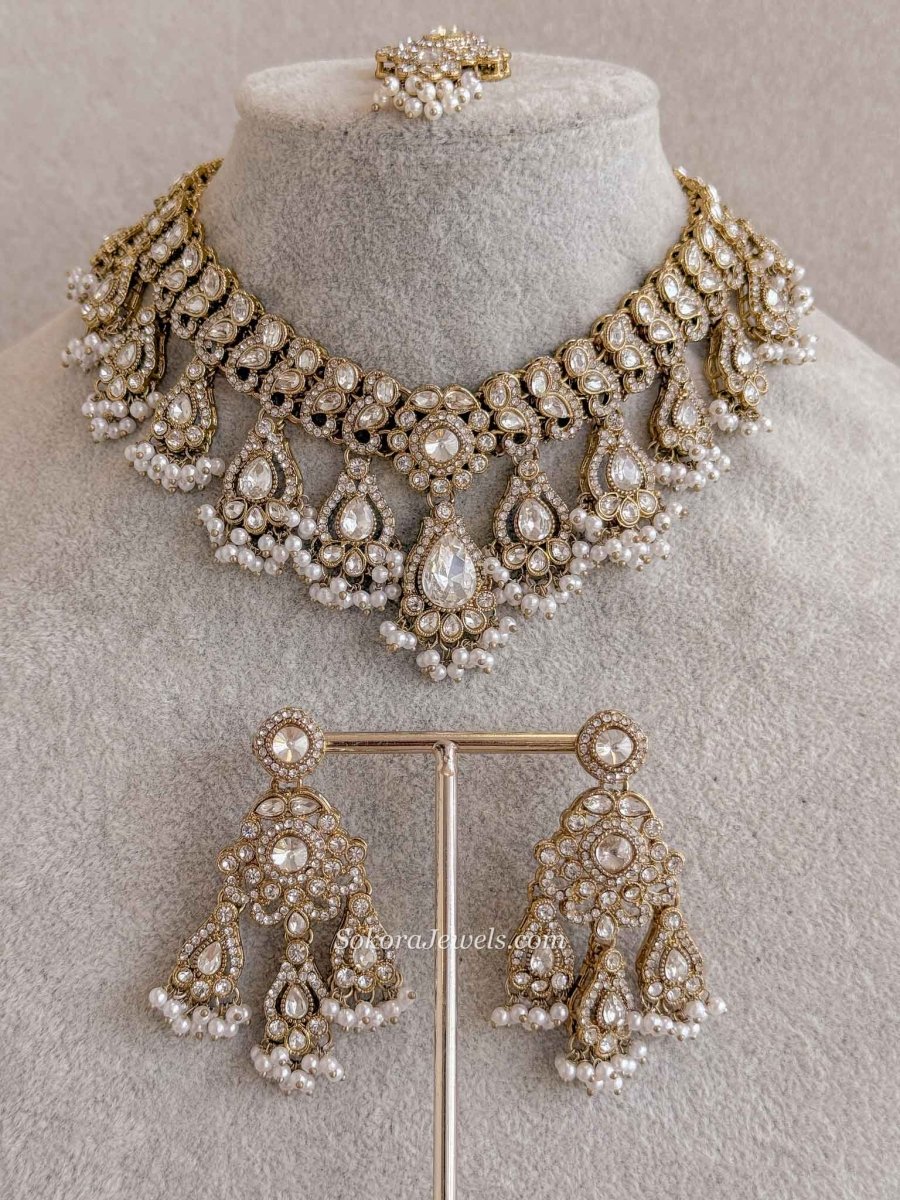 Clear Gem & Pearl Necklace set - SOKORA JEWELSClear Gem & Pearl Necklace set