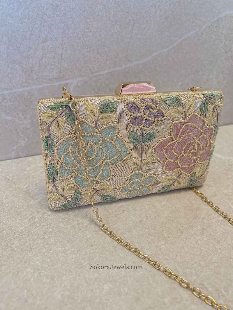 Cream & Pastel Floral Clutch Bag - SOKORA JEWELSCream & Pastel Floral Clutch Bag