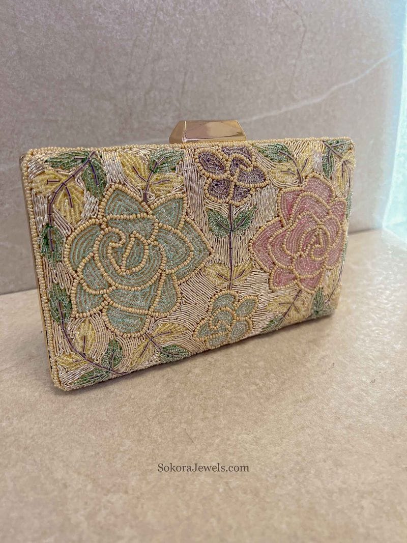 Cream & Pastel Floral Clutch Bag - SOKORA JEWELSCream & Pastel Floral Clutch Bag