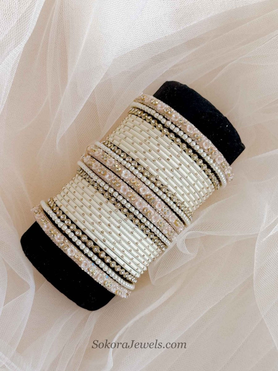 Cream & White Blossom Bangle Set - SOKORA JEWELSCream & White Blossom Bangle SetBANGLES