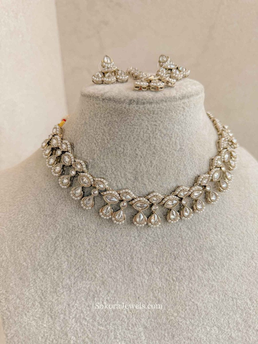 Dainty Clear Crystal & Antique Gold Necklace Set - SOKORA JEWELSDainty Clear Crystal & Antique Gold Necklace Set